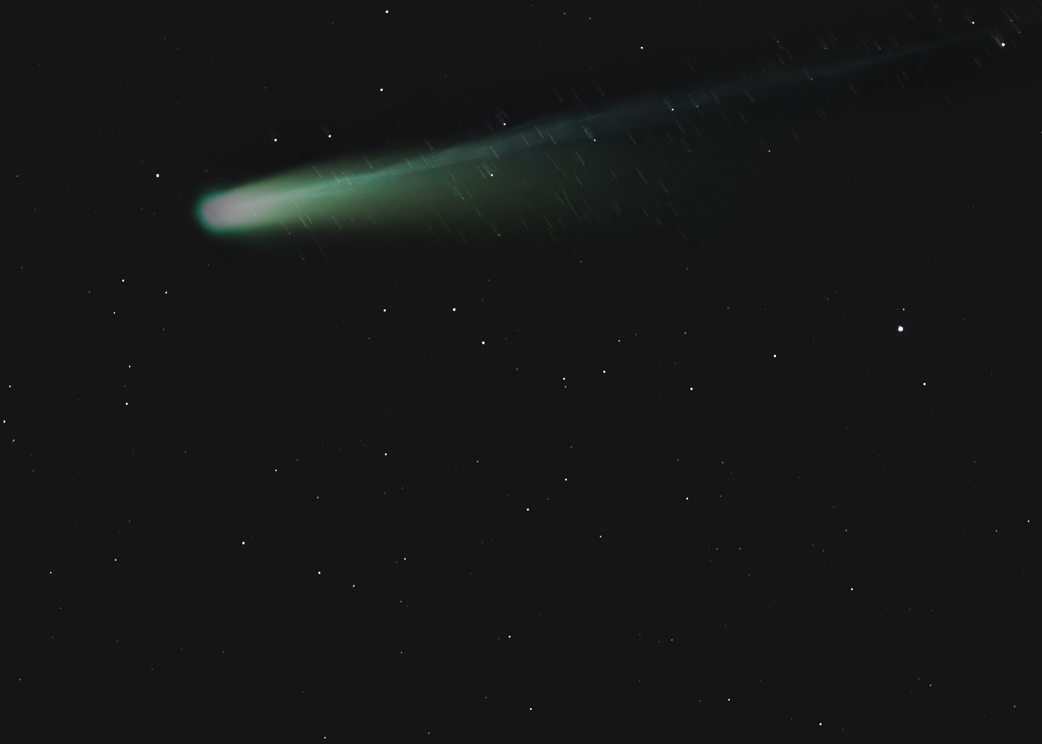 A picture of a comet: a very white nucleus, with a pronounced green tail straight back, and a more dispersed concept-of-a-tail spilling out below that.
To no one's surprise, this comet is surrounded by an inky black night sky with stars. Now that I'm posting this, I see I should have deconvolved them to make them a bit softer.