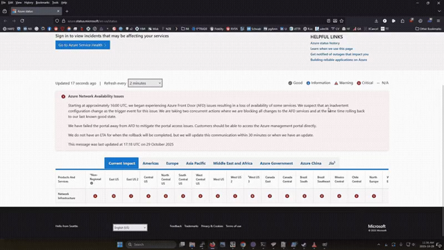 Azure dashboard describing downtime. 
Everything is down - 