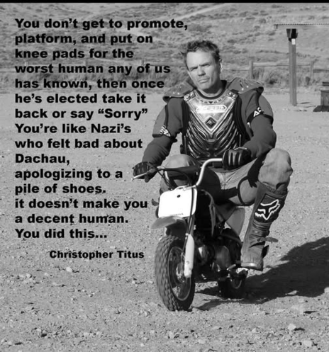 The image is a black and white photograph featuring a man on a small motorcycle, overlaid with a quote attributed to Christopher Titus.

The man, presumably Christopher Titus, is the central figure. He is dressed in motorcycle protective gear, including a chest protector, long-sleeved shirt, gloves, and knee-high boots. His jeans are worn. He is sitting on a small dirt bike, facing the camera with a somewhat serious expression. His posture is relaxed, with one leg extended and the other bent.

…