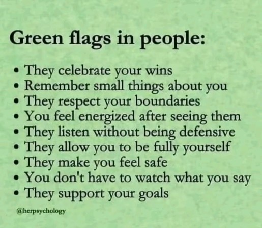 The image is a graphic with a bright green background. The text is white and lists qualities of people considered to be "green flags" in a relationship or friendship.  The phrase "Green flags in people:" is at the top of the list, followed by a series of bullet points detailing positive traits. The bullet points, each on a separate line, read:

    "They celebrate your wins"
    "Remember small things about you"
    "They respect your boundaries"
    "You feel energized after seeing them"
    "…