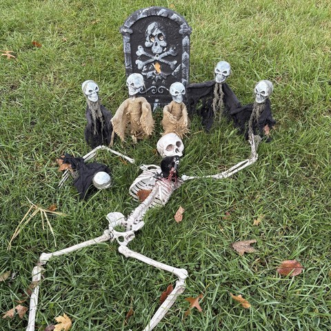 skeleton in front of tombstone with a crow perched on top. red string is hanging out of the crow's mouth. smaller skeleton ghouls surrounding