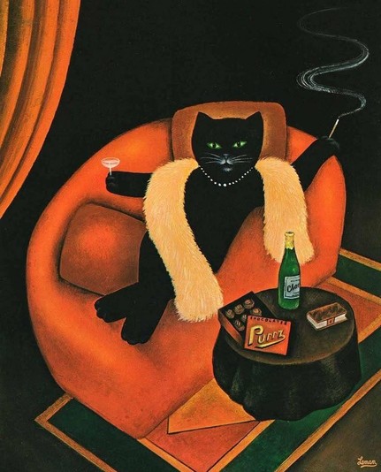 Painting by Leman of a fabulous black cat lounging on a love seat while holding a cigarette on stick and a martini while wearing a pearl necklace and a fancy while fur scarf. Next to the en vogue kitty are some Purrz candy in a box, a bottle of champagne, and a small book.