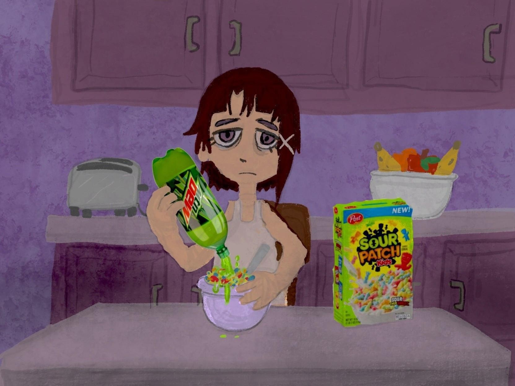 Drawing of a femme pouring Mountain Dew over a bowl of Sour Patch Kids cereal. The look on her face is exhaustion and maybe despair? IDK, something not happy.