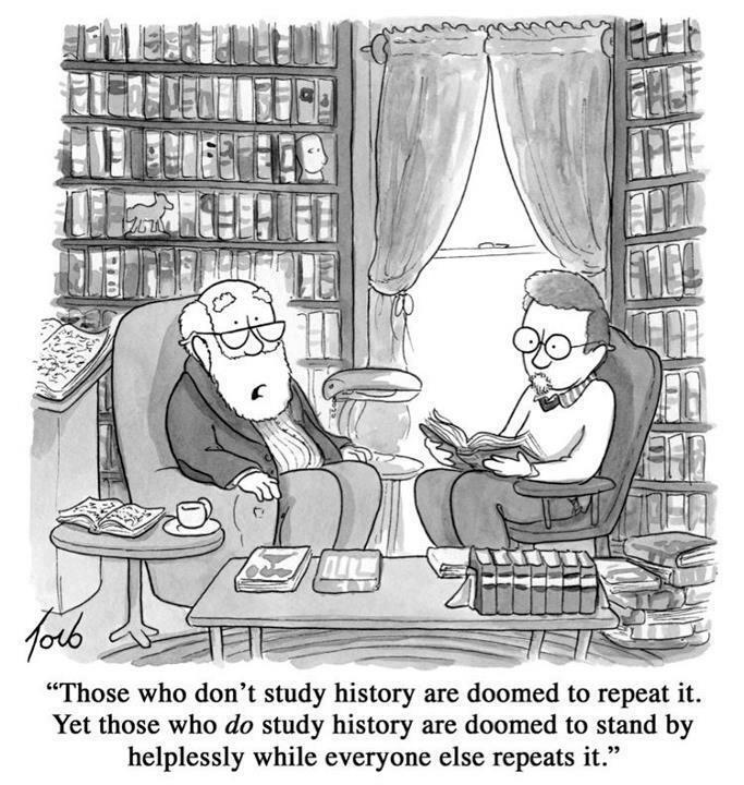 Comic: "Those who don't study history are doomed to repeat it. Yet those who do study history are doomed to stand by helplessly while everyone else repeats it."
