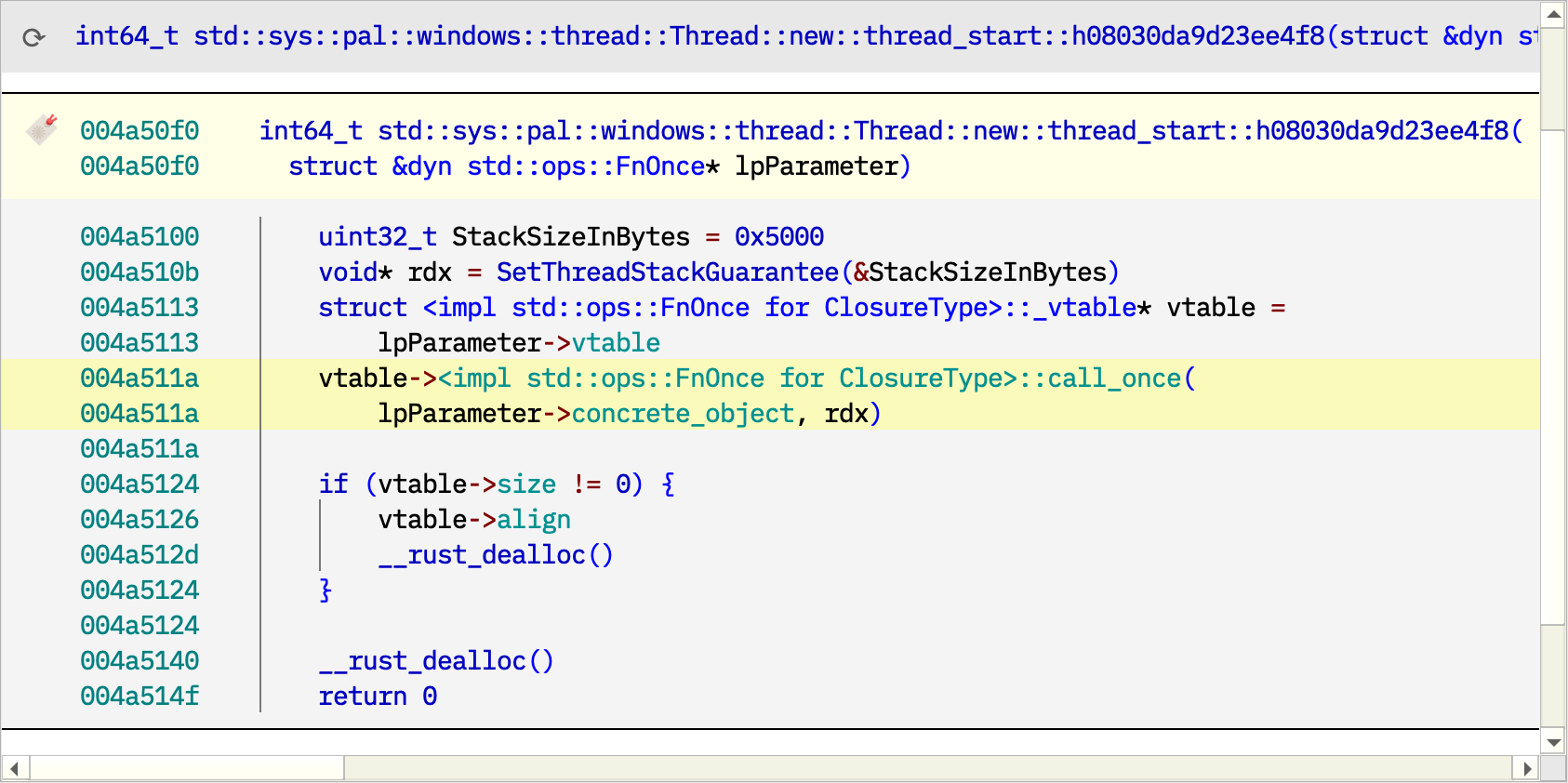 An annotation of a decompiled version of the Rust standard library std::sys::pal::windows::thread::Thread::new::thread_start function, showing an indirect call, via a virtual function table (vtable), to the function call_once.