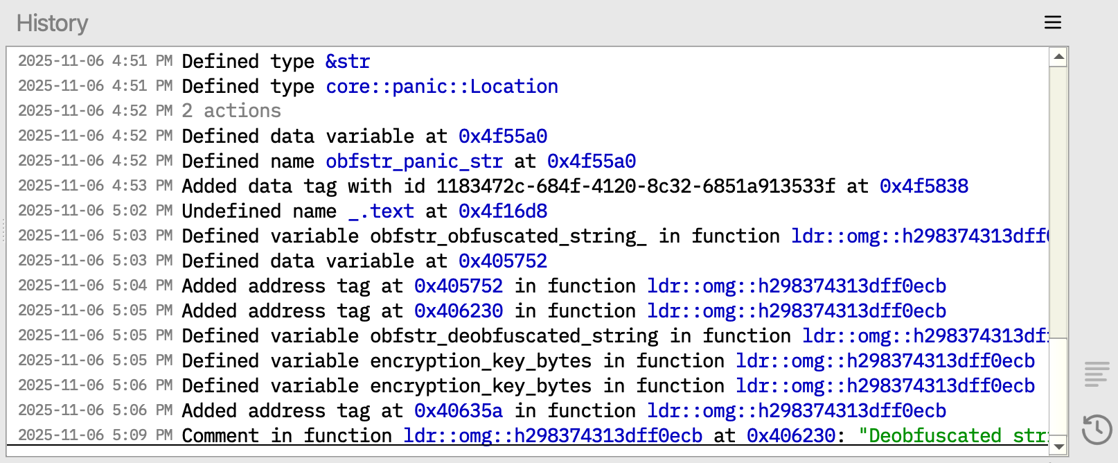 A screenshot of the History window in the software Binary Ninja, showing a step by step list of variable definition, variable rename, and comment annotations made in a binary.