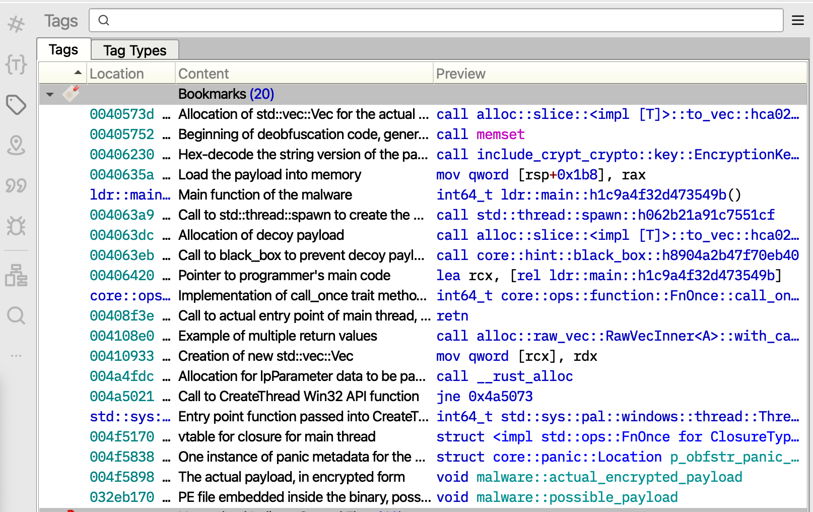 A screenshot of the Tags window in the software Binary Ninja, showing a list of bookmarked locations in a Rust binary.
