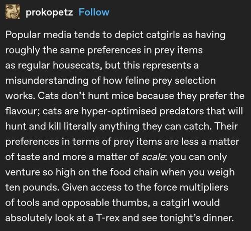 Popular media tends to depict catgirls as having roughly the same preferences in prey items as regular housecats, but this represents a misunderstanding of how feline prey selection works. Cats don’t hunt mice because they prefer the flavour; cats are hyper-optimised predators that will hunt and kill literally anything they can catch. Their preferences in terms of prey items are less a matter of taste and more a matter of scale: you can only venture so high on the food chain when you weigh ten …