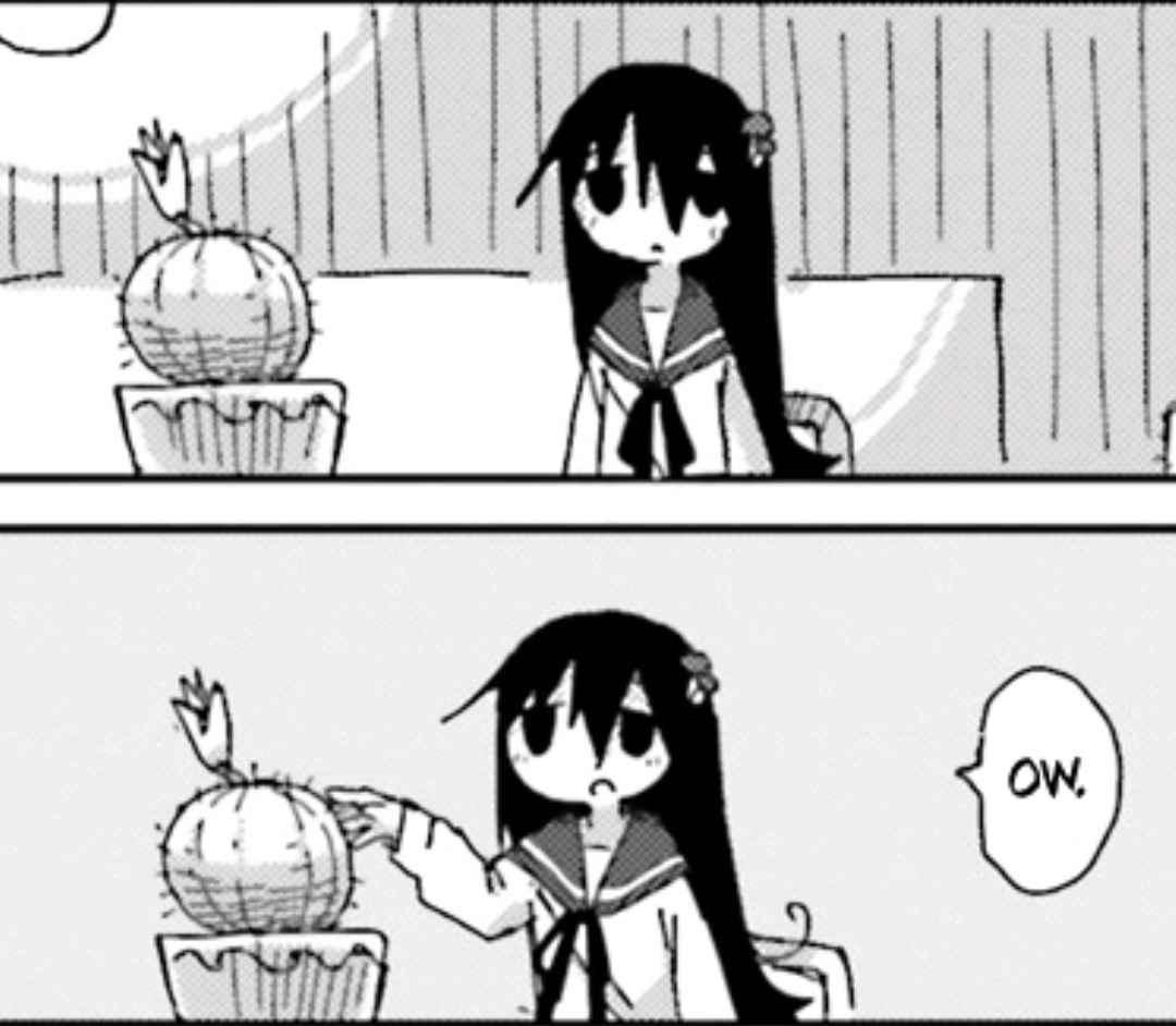 Shimeji-chan from Shimeji Simulation (シメジ シミュレーション) sitting next to a cactus, when she decides to touch it for no other reason than she can, making her say "Ow."
