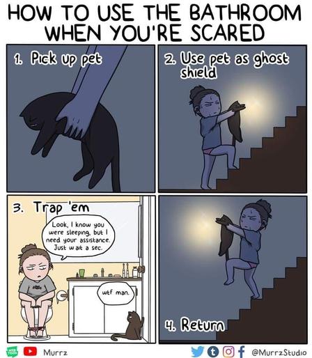 Four panel comic by Murrz titled "How to use the bathroom when you're scared"
First panel: [1. Pick up pet.] Picks up black kitty.
Second panel: [2. Use pet as ghost shield.] Holds cat out in front while going upstairs.
Third panel: [3. Trap 'em.] Girl says, "Look, I know you were sleeping, but I need your assistance. Just wait a sec." while sitting on the toilet in a locked bathroom. Cat relies, "wtf man" while sitting next to the door.
Last panel: [4. Return.] Girl nervously goes back down st…