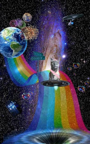Image of a planet sized rainbow shooting off from the southern hemisphere of Earth showing a grey cat wearing beauty pageant sash and a tiara riding on top of a flying saucer to the end of said rainbow, which leads to a wormhole in space. A street sign in the middle of the rainbow says it's International Drive and Rainbow Drive, while rainbow & heart shaped bubbles float in space nearby. Oh, there's also fireworks the size of North America exploding above Earth while the Tardis and USS Enterpri…