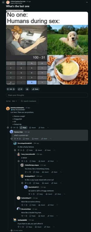 The image is a meme presented in a Reddit post, consisting of a split image and a caption. Above the split image, the text reads "No one: Humans during sex:". The left half of the split image features a cartoonish depiction of a person, seemingly a woman, wearing a cowboy hat and sitting in the driver's seat of a car. The person is looking forward and holding the steering wheel. Below this image, there is a calculator with the equation "100 - 31" displayed. The right half of the split image pre…