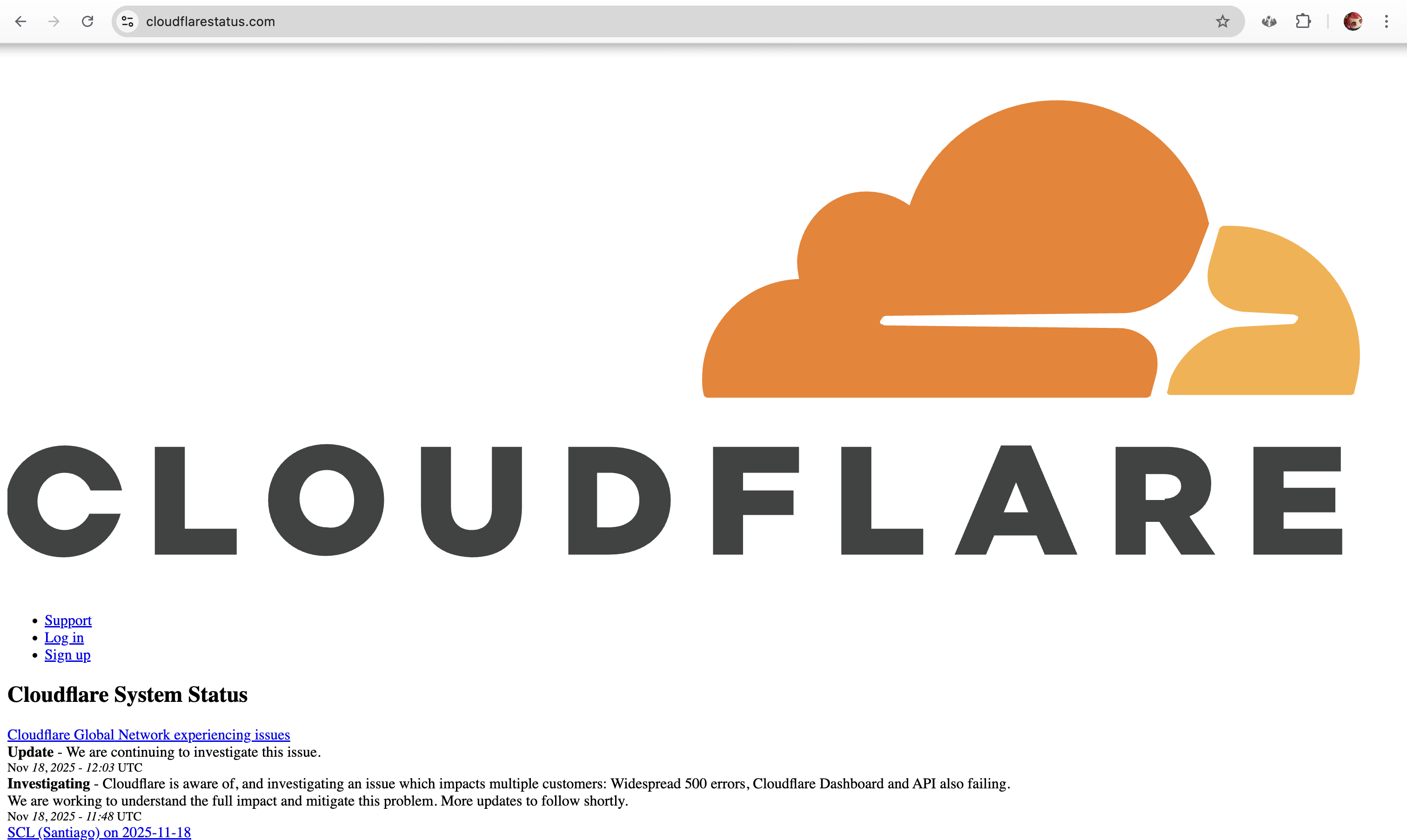 screenshot of cloudflare status page with tiny text in browser-default styling and a massively oversized logo