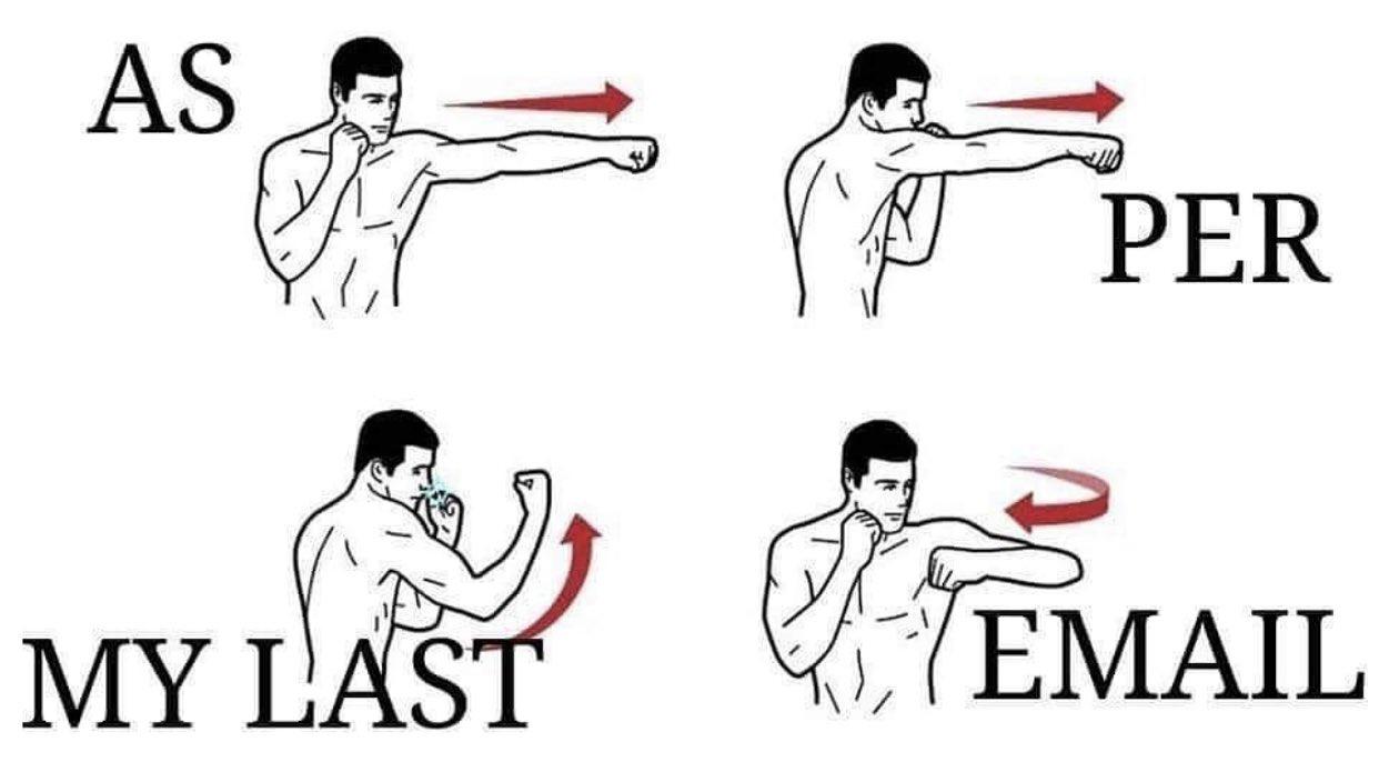 A four panel boxing tutorial with the lines As Per My Last Email