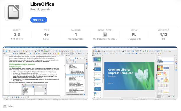 Zrzut ekranu potwierdzający, że w App Store program LibreOffice kosztuje 39.99 zł