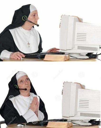 Two stock photos of an older nun in full Catholic attire using an older computer (with CRT) while wearing a gaming headset. In the top picture she's using the mouse and keyboard, but in the bottom one, she has stopped and is praying while looking upwards. Sinners! :3
