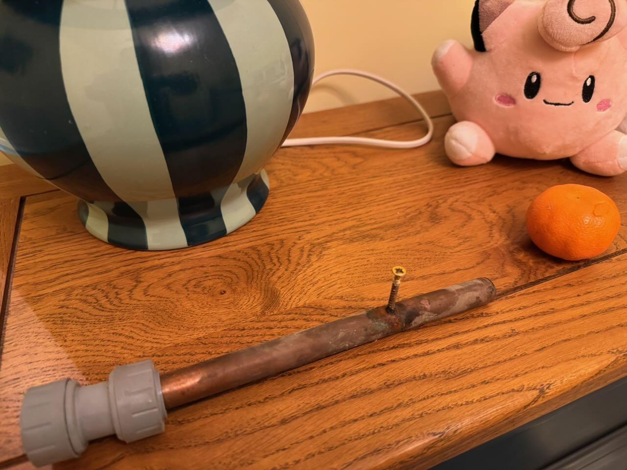 Picture of a brass hot water pipe with a rusting screw embedded in it. Caused by a contractor screwing in the floor board above directly through the pipe and seemingly not giving a shit. Ended up as a very slow water leak as the screw slowly rusted away eventually failing catastrophically. Of course the contractor is long gone.