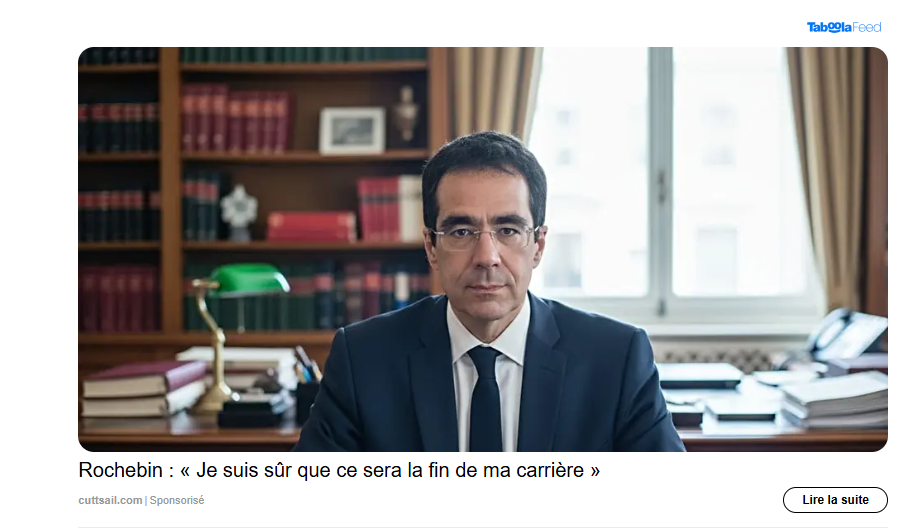 Image d’un homme en costume assis à un bureau dans un décor très institutionnel, utilisée dans une publicité prétendant qu’il annonce la fin de sa carrière, avec une mise en page typique des publicités sponsorisées trompeuses.
