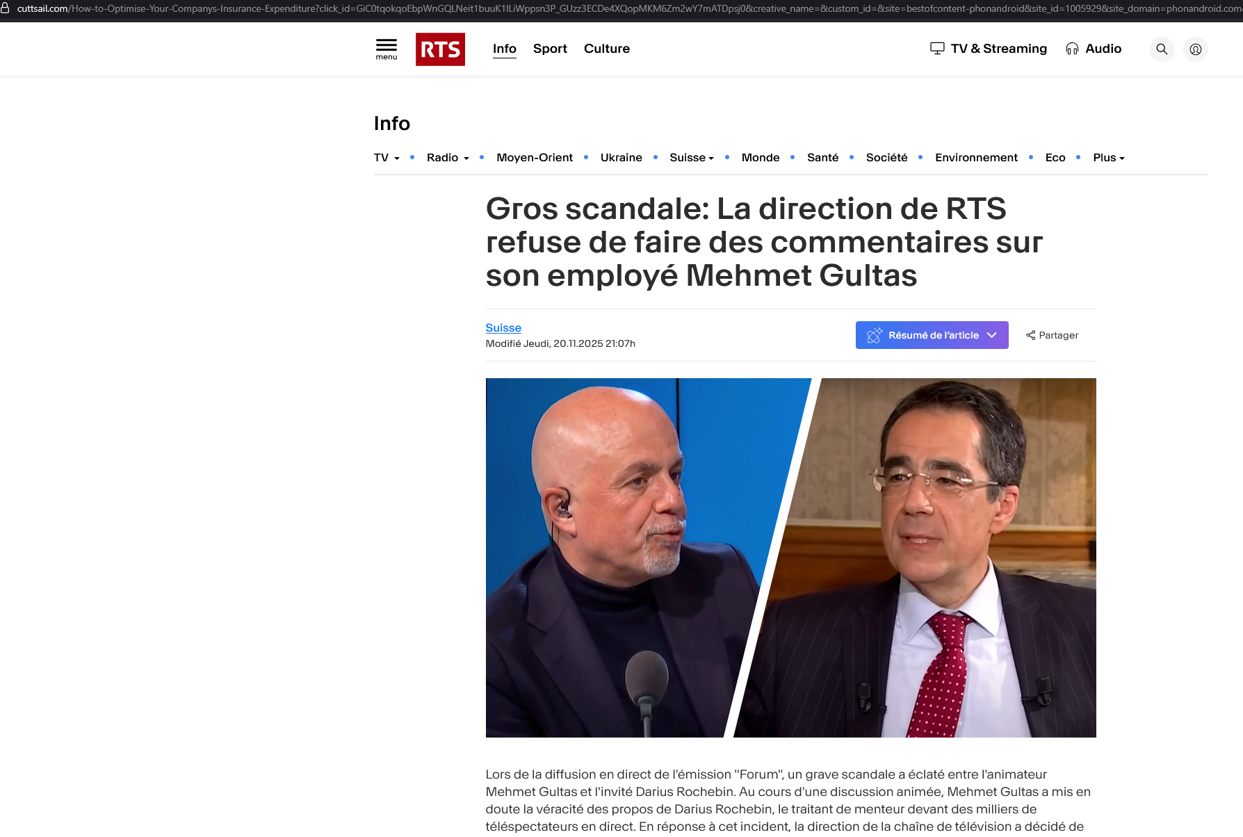 Page imitant le site d’information RTS : titre alarmiste en gros caractères, photo composite de deux hommes en studio TV, et mise en page reproduisant fidèlement l’identité graphique de la RTS. Le contenu simule un scandale pour donner une impression de légitimité avant de rediriger vers l’arnaque.