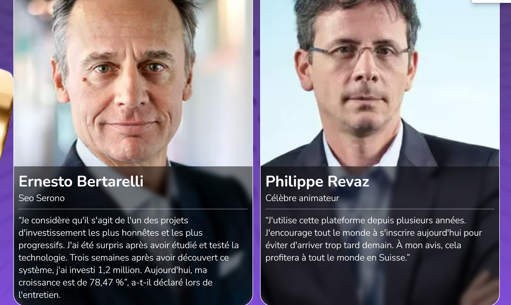 Montage de deux portraits présentés comme des interviews : deux hommes en costume, chacun accompagné d’un texte vantant un prétendu investissement miracle et d’un faux titre professionnel. Habillage graphique conçu pour faire croire à des endorsements de personnalités connues, alors qu'il s’agit d’un leurre publicitaire."