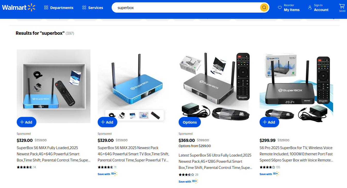A screenshot of the Walmart website shows 397 results for Superbox devices. They look like small wireless routers, include a remote, and come in bright metallic blue or black.