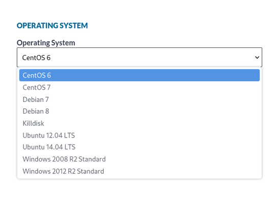 A hosting provider's choice of OS install options in 2025-11. CentOS 6, CentOS7, Debian 7, Debian 8, Killdisk, Ubuntu 12.04 LTS, Ubuntu 14.04 LTS, Windows 2008 R2 Standard, Windows 2012 R2 Standard.