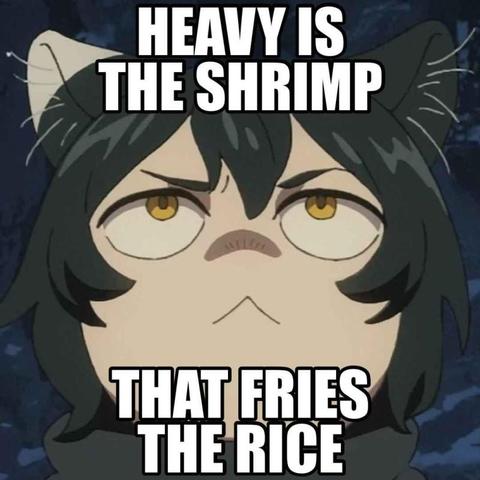 Izutsumi (catgirl) from Dungeon Meshi looking up with a determined face. Caption says:

HEAVY IS 
THE SHRIMP 
THAT FRIES 
THE RICE
