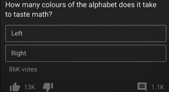 How many colours of the alphabet does it take
to taste math?

- Left
- Right
