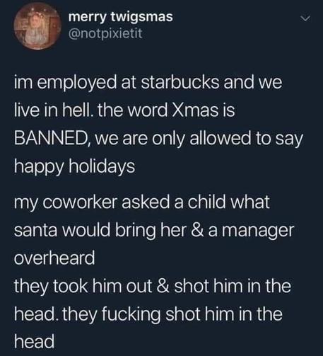 merry twigsmas 
@notpixietit

im employed at starbucks and we live in hell. the word Xmas is
BANNED, we are only allowed to say
happy holidays
my coworker asked a child what santa would bring her & a manager overheard
they took him out & shot him in the head. they fucking shot him in the head