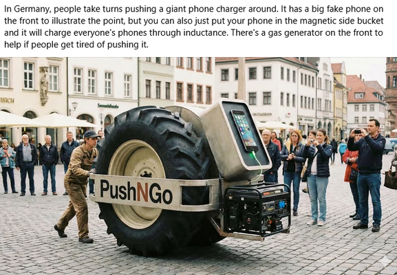 The image captures a playful scene in what appears to be a European town square. The primary focus is a large, mobile phone charger, cleverly designed to resemble a tractor. This contraption features a massive black tire, a beige wheel hub, and a rectangular housing that holds a large, mock-up smartphone with a charging cable plugged in. The phrase "Push N Go" is prominently displayed on the side of the device.

A man in a brown jumpsuit and a cap is seen pushing the charger, positioned on the …