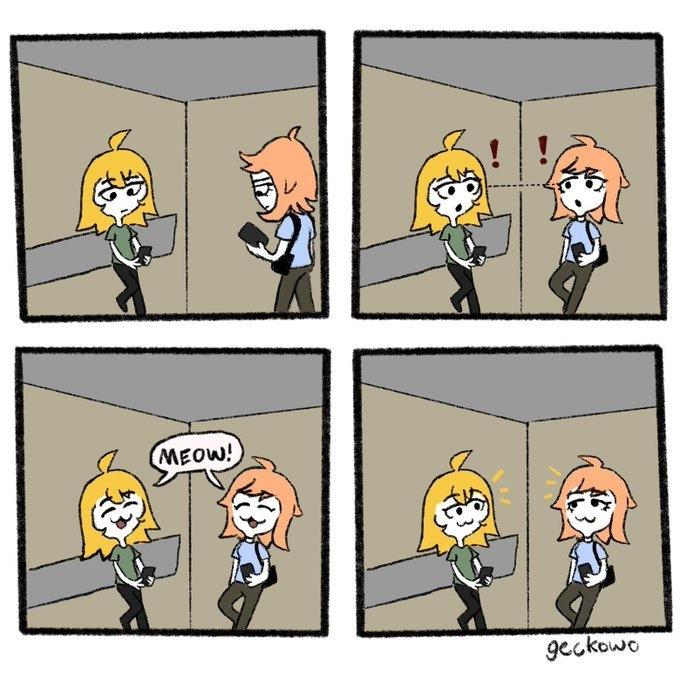 Four panel comic by geckowo.
First panel shows two people on their phones while in an elevator.
Second panel shows them noticing each other with explanation marks❗
Third panel, they both meow simultaneously.
Final panel shows them smiling with a cat face.