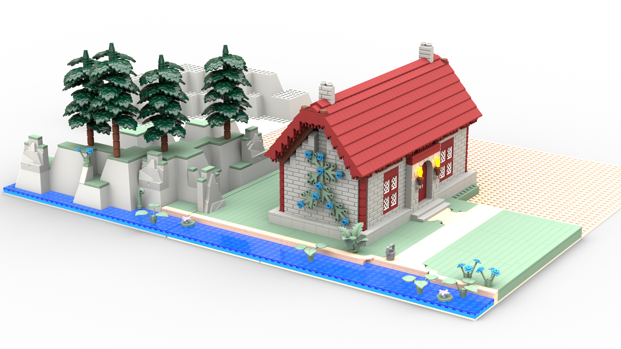 3D render of an unfinished lego scene of a red-tile roof stone house in the mountains among pine trees and a stream