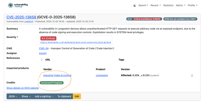 View of vulnerability-lookup with credits information in CVE records.