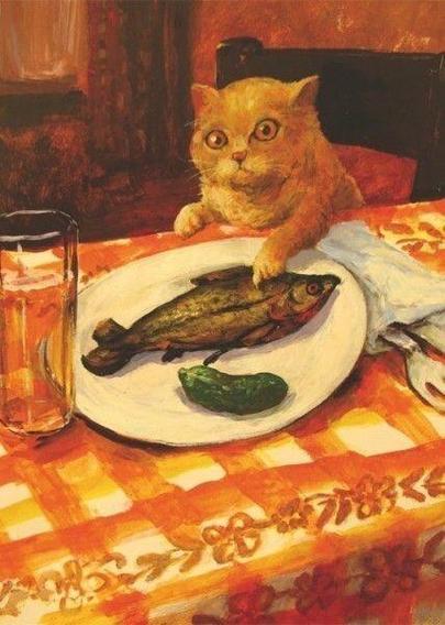 Painting of an orange cat poking a fish on a dinner plate that's sitting next to a pickle. Touchy da fishy!