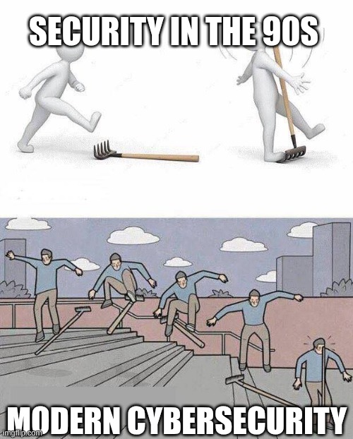 A meme of someone using a rake as a skateboard to hit themselves in the face
