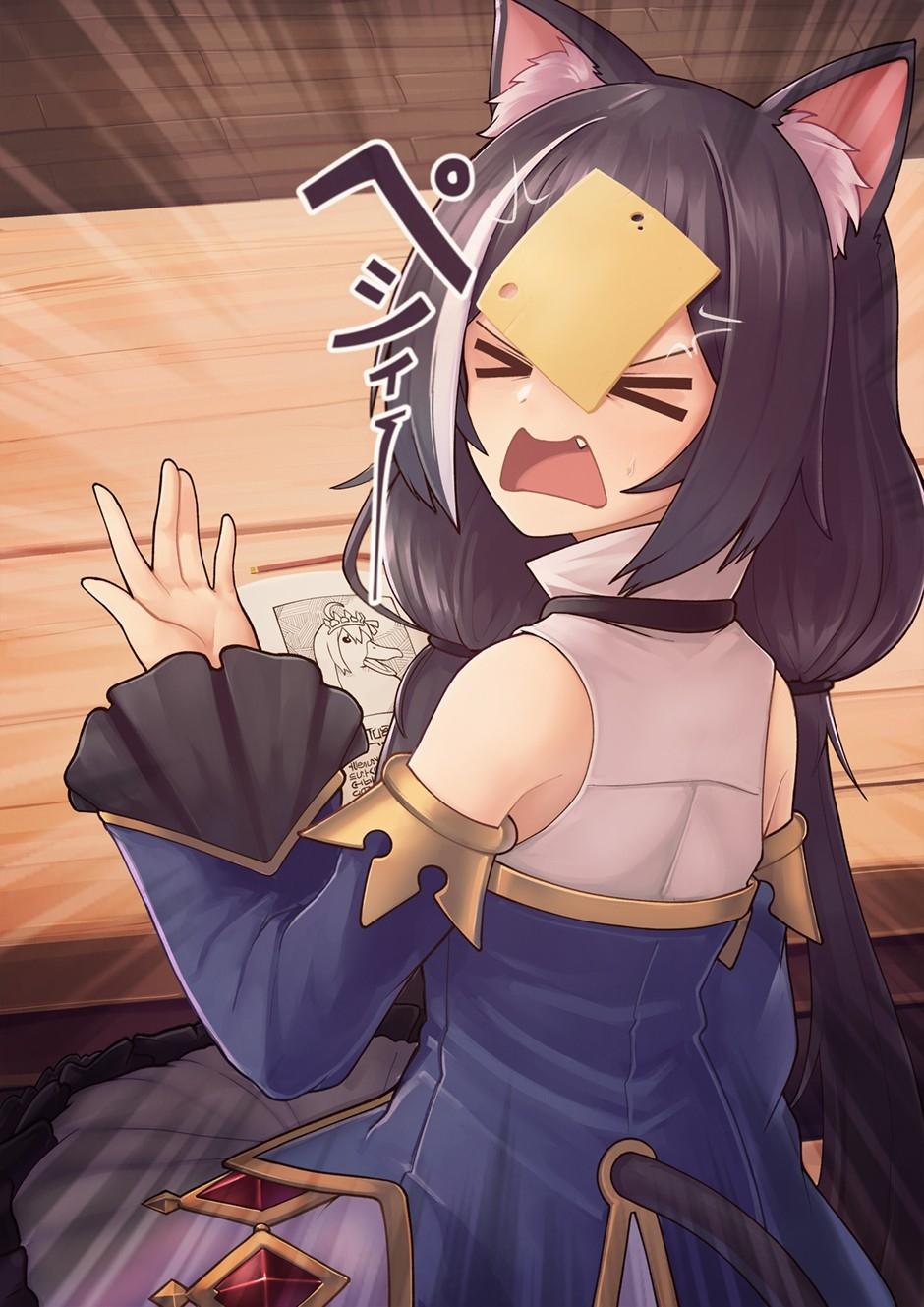 Drawing by jacy of Karyl, a catgirl from Princess Connect!, getting sliced cheese thrown on her face.