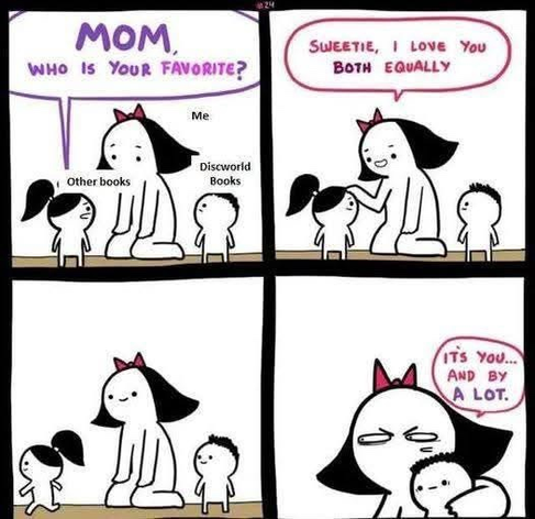 The image is a four-panel comic strip. The art style is minimalist, using simple line drawings and a limited color palette of black, white, and a few accents of red and purple.

Panel 1: The first panel sets the scene. It depicts a mother figure, drawn with a large white body and black hair with a red bow. Two children, one with a ponytail and one with short hair, stand facing her. A purple speech bubble asks, "MOM, WHO IS YOUR FAVORITE?" The mother is labeled "Me", while the children are label…
