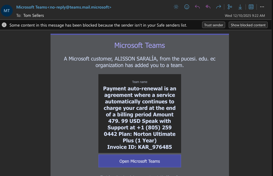 The image is a screenshot of an email which Microsoft Teams invite where the team name is a payment scam for Norton.