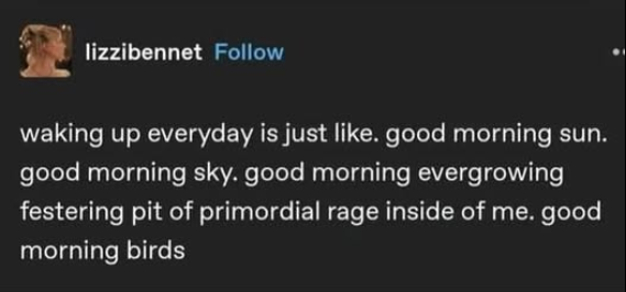  lizzibennet 
waking up everyday is just like. good morning sun.
good morning sky. good morning evergrowing
festering pit of primordial rage inside of me. good
morning birds
