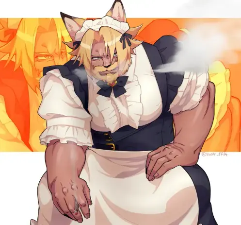 Drawing by roar_ff14 of a beefy catboy Miqo'te from Final Fantasy wearing a French maid outfit and taking a smoke break.