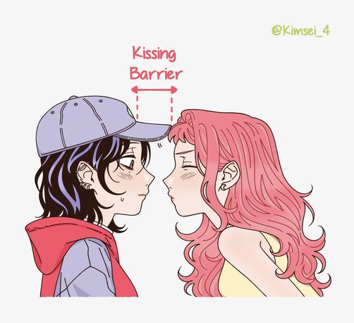 Drawing by Kimsei_4 of a girl with red hair trying to kiss a girl with black hair, but being stopped by the bill of the baseball cap the 2nd girl is wearing. The bill is labeled "Kissing Barrier"