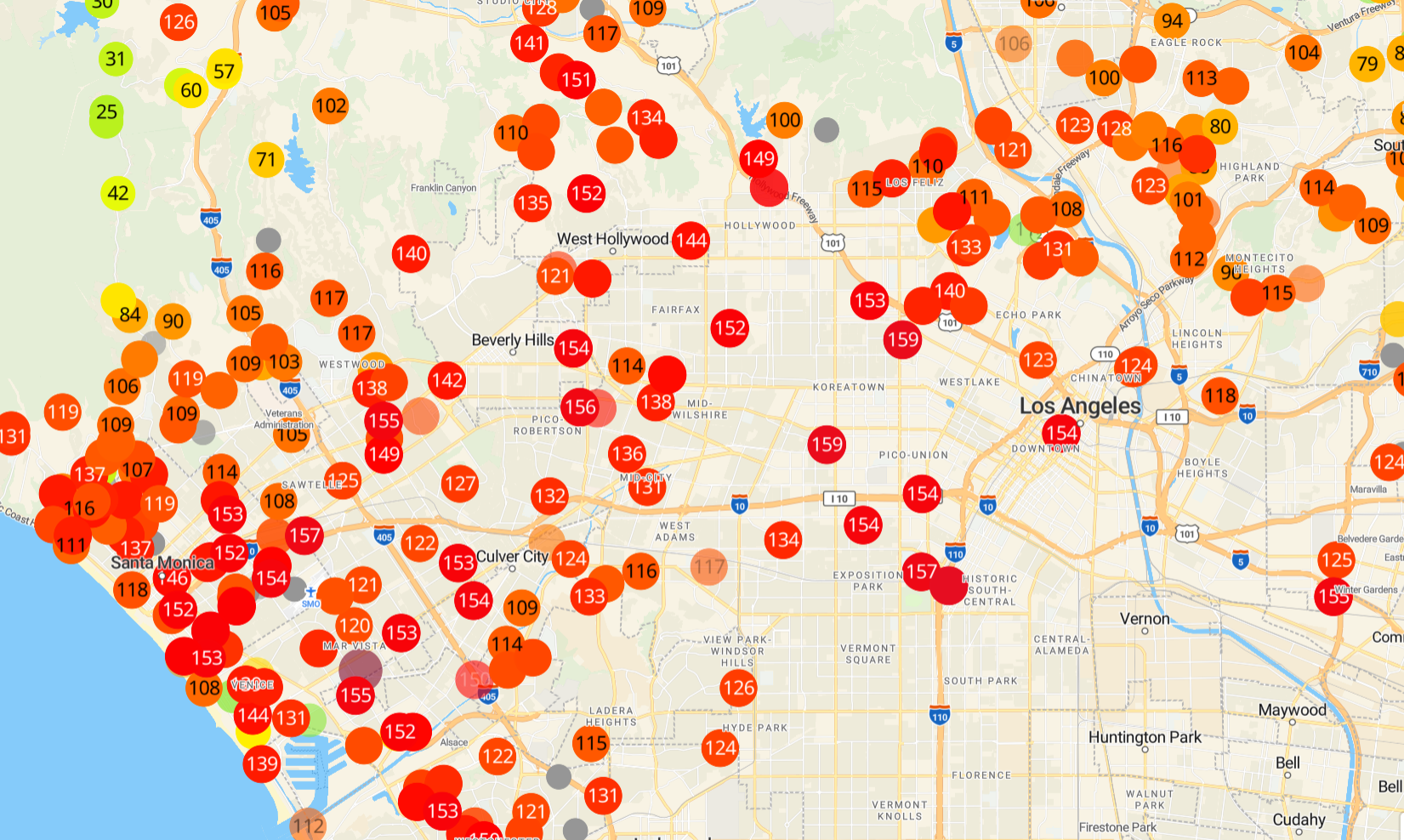 PurpleAir map showing AQI scores in the 120s and 150s across the Los Angeles basin.