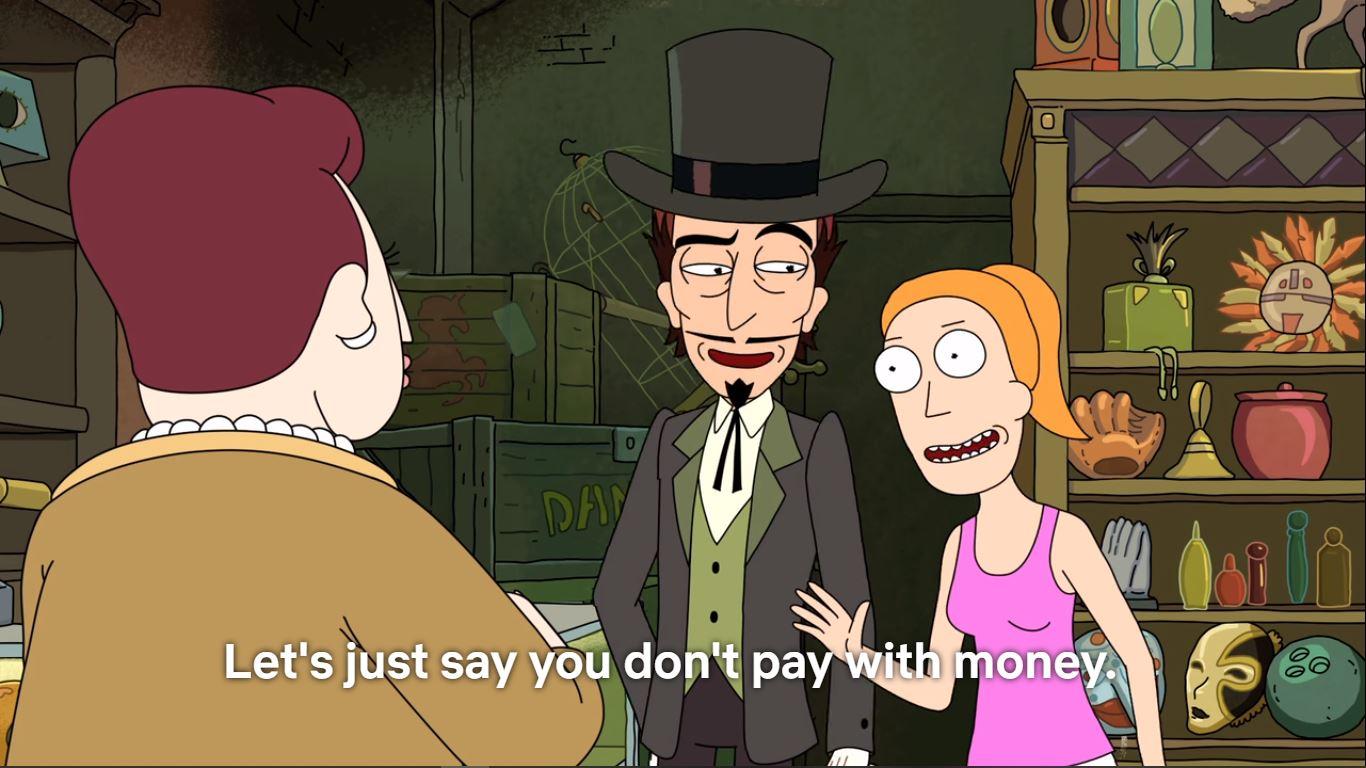Cartoon screenshot where a couple is telling a woman "Let's just say you don't pay with money."