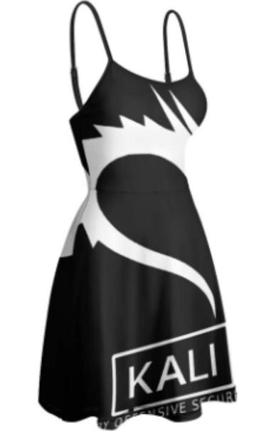 Black dress with spaghetti straps and a white Kali Linux dragon logo and text on it.