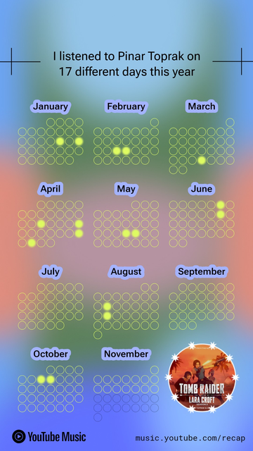 "I listened to Pinar Toprak 17 different days this year"

A calendar shows 17 highlighted days spread from January to October. The Tomb Raider soundtrack picture is in the lower right corner.