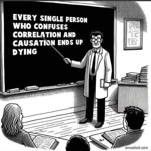 Cartoon credited to Timo Elliott of a professor in classroom pointing to a chalkboard in front of students. Chalkboard reads, “Every single person who confuses correlation and causation ends up dying.”