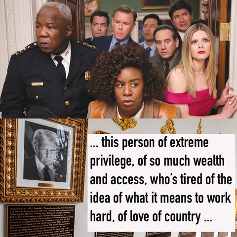 Top half cast of the Netflix show "Residence" bottom half newly installed hallway of golden portraits