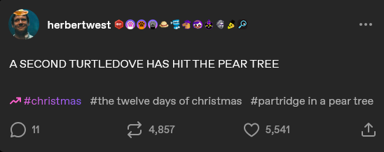 
A SECOND TURTLEDOVE HAS HIT THE PEAR TREE

#ShamelesslyStolenFromTumblr
#christmas #thetwelvedaysofchristmas #partridgeinapeartree 

