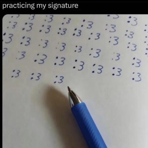 practicing my signature
Photo of a piece of paper with rows of cat smiley faces ":3" written down in blue ink next to a pen.