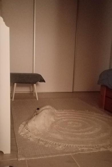 Photo of a round rug with tessels on top of another rug on the floor with a suspicious lump on one side that has what appears to be the tip of a cat tail sticking out.